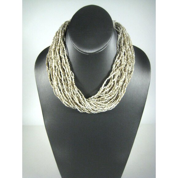 Vintage Glass Seed Bead Multi Strand Necklace Neutral Bohemian Statement 20 in - Picture 3 of 8
